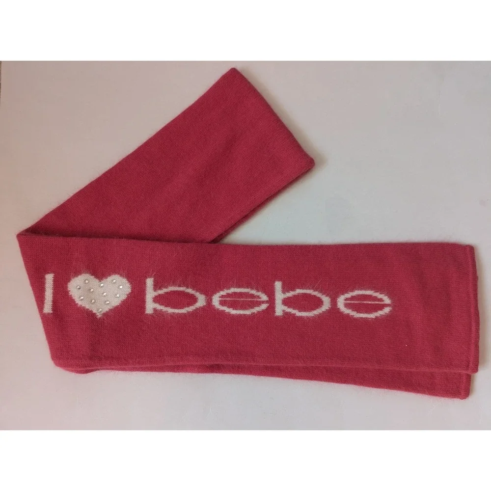 BEBE Scarf Pink White I Love 70% Angora Rabbit Hair 6.5x 72